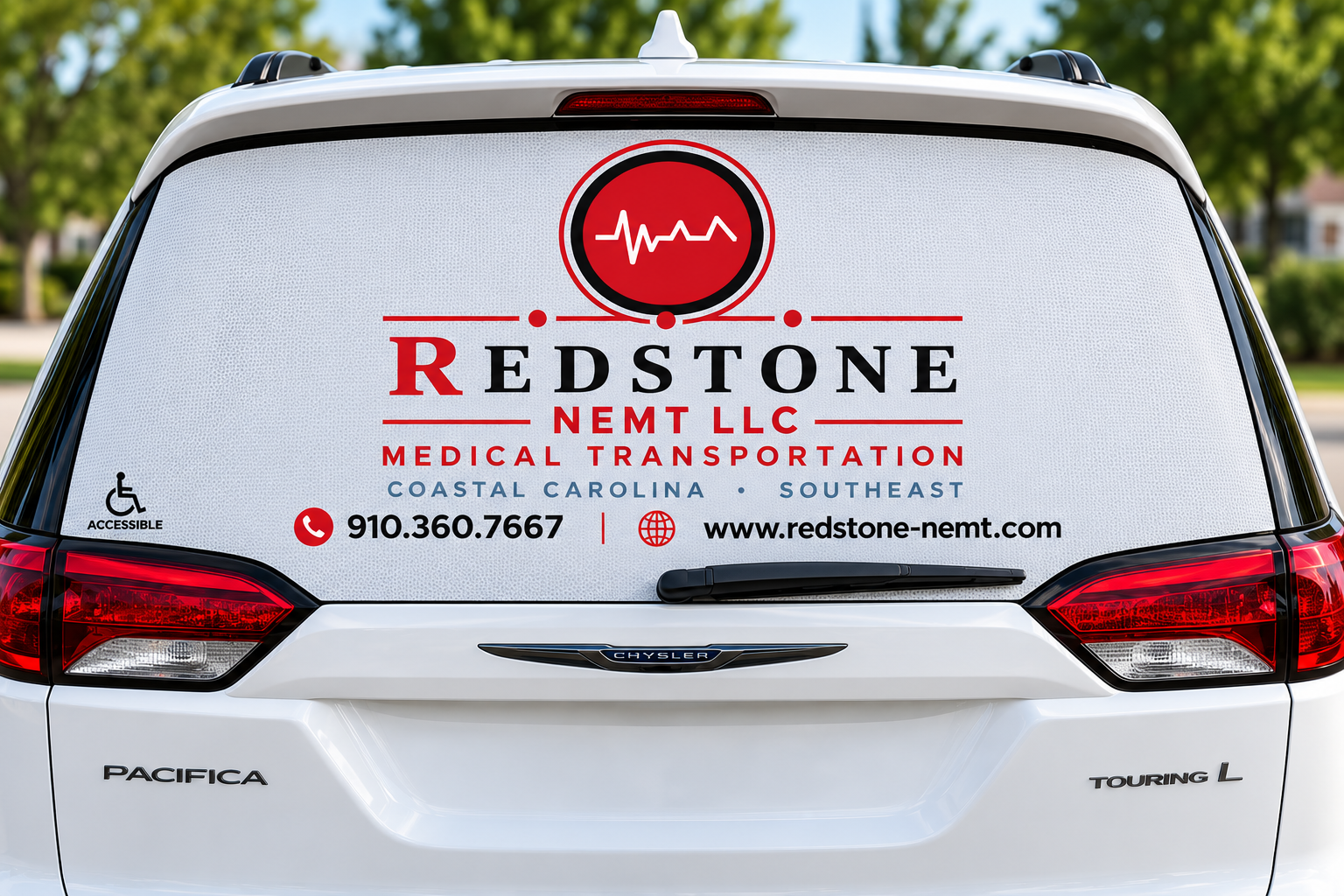 Redstone NEMT branded vehicle with mesh window decal